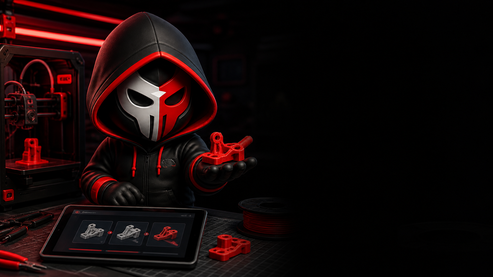 La mascotte Hack’n’Craft présente une pièce imprimée en 3D, près de son imprimante et d’un tutoriel sur tablette